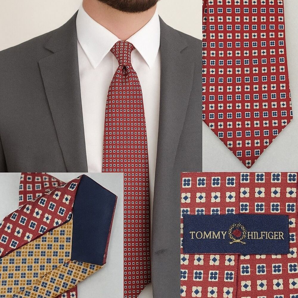 Vintage Tommy Hilfiger Silk Tie Red Navy Cream Geometric | Made in USA |...